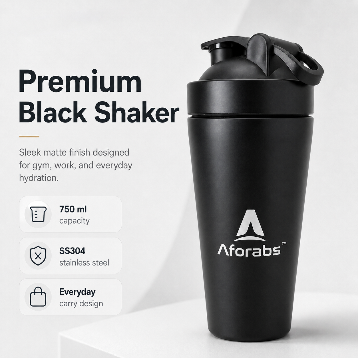 Stainless Steel 750ml Protein Shaker Black Stainless Steel