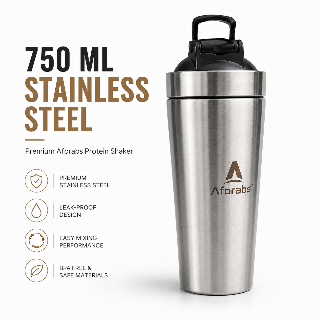Stainless Steel 750ml Protein Shaker White Stainless Steel