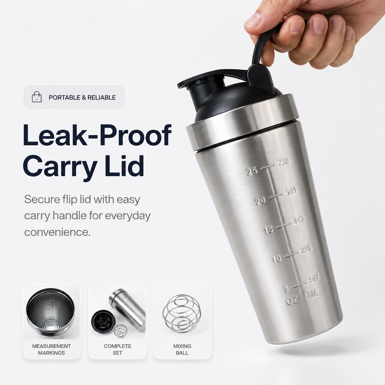 Stainless Steel 750ml Protein Shaker White Stainless Steel