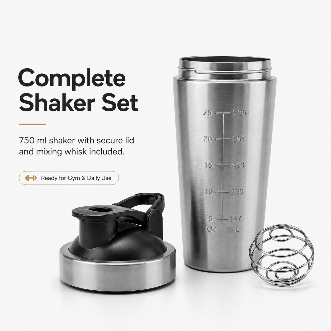 Stainless Steel 750ml Protein Shaker White Stainless Steel
